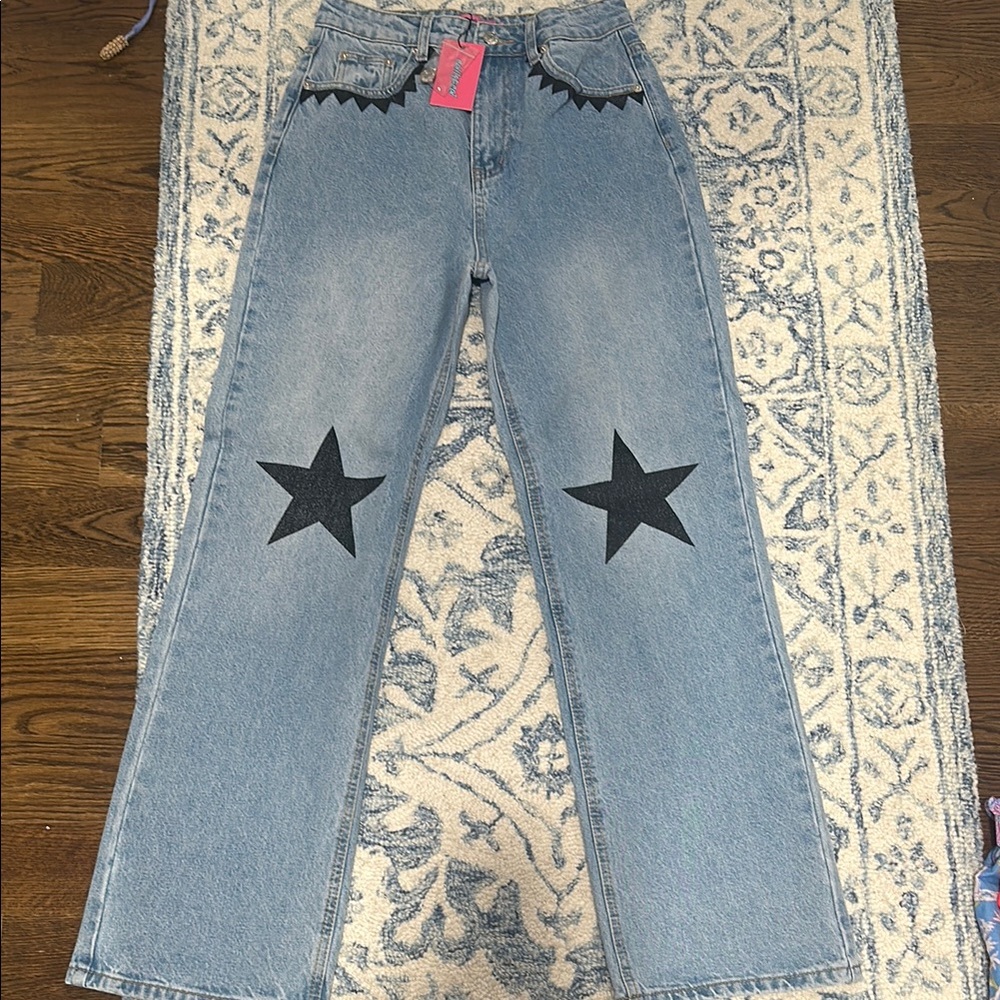 Women's Blue Jeans with Black Star Design
